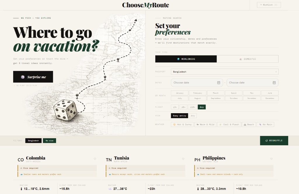 Choose My Route preferences panel and destination results