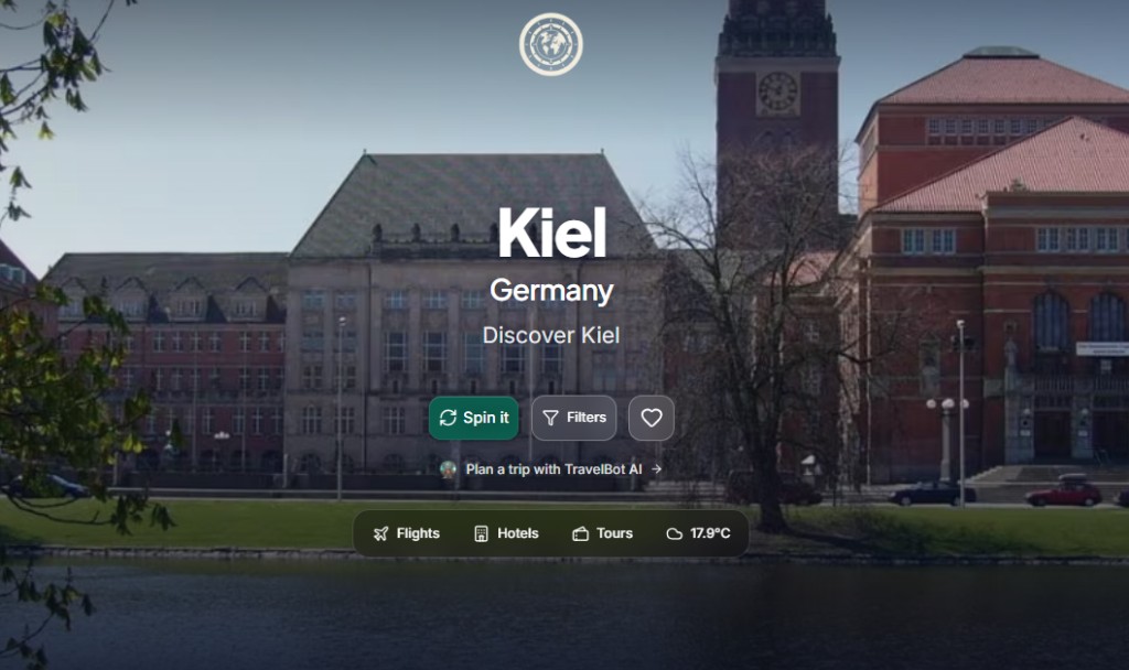 Earth Roulette result showing Kiel, Germany